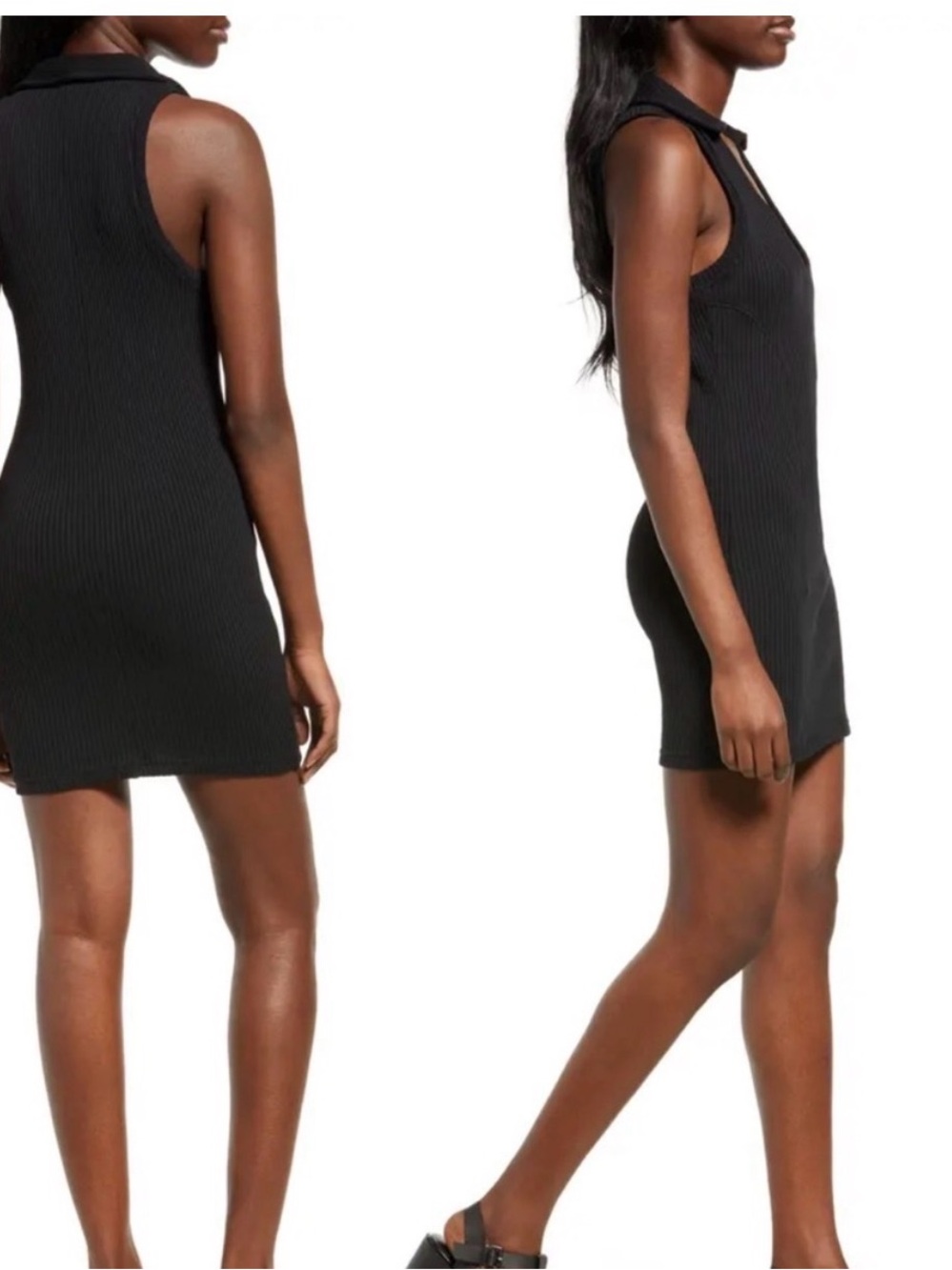 BDG Black Ribbed Collared Mini Dress